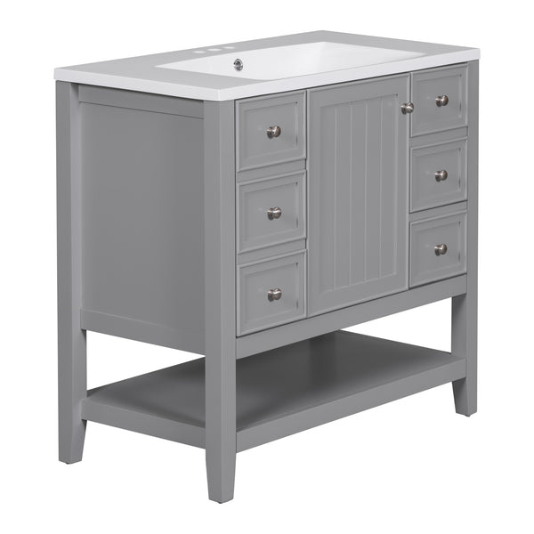 English Elm 36" Stylish Bathroom Vanity With Ceramic Sink, Solid Wood, 1 Cabinet & 3 Drawers, Grey Finish N725P246500E