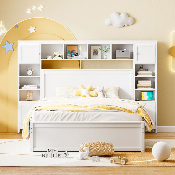English Elm Queen Platform Bed with Headboard Storage Shelves Built-in Outlets and Trundle Drawer White LP000842AAK
