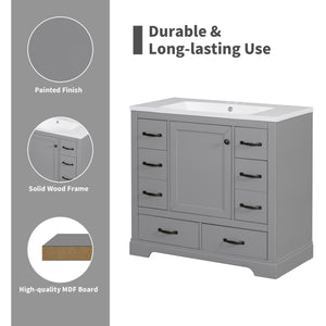 English Elm 36" Modern Bathroom Vanity Cabinet Base with Six Drawers, Adjustable Shelf & Drawer Organizer Grey WF307973AAE