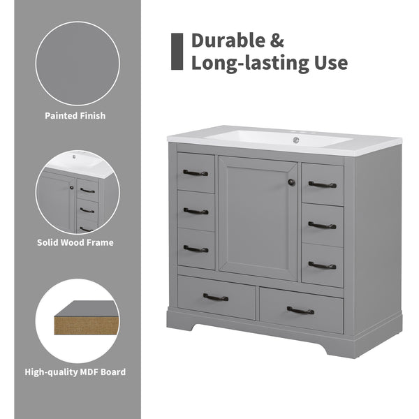 English Elm 36" Modern Bathroom Vanity Cabinet Base with Six Drawers, Adjustable Shelf & Drawer Organizer Grey WF307973AAE