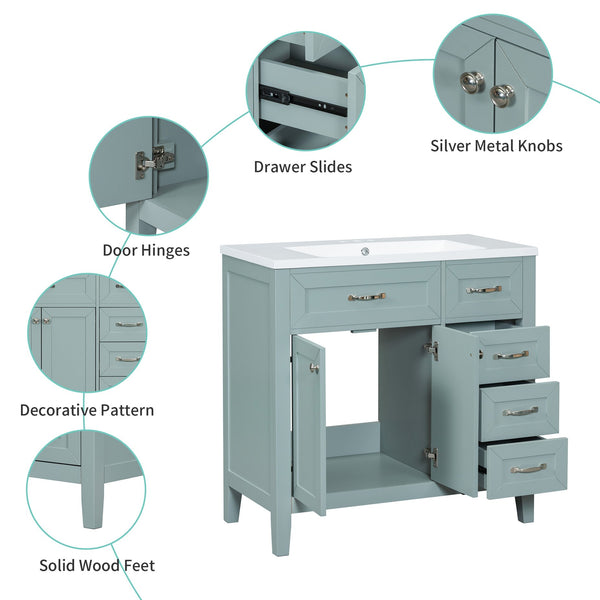 English Elm 36" Bathroom Vanity With Sink Combo - Stylish Green Cabinet, Solid Frame & Modern Design For Elegance N725P246491G