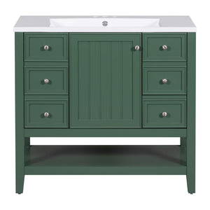 English Elm 36" Bathroom Vanity With Ceramic Sink, Solid Wood, 3 Drawers & Adjustable Shelf In Elegant Green Finish N725P246500G