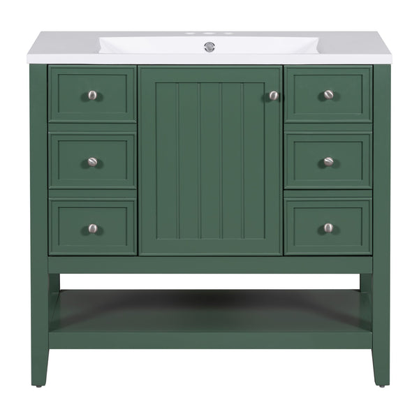 English Elm 36" Bathroom Vanity With Ceramic Sink, Solid Wood, 3 Drawers & Adjustable Shelf In Elegant Green Finish N725P246500G