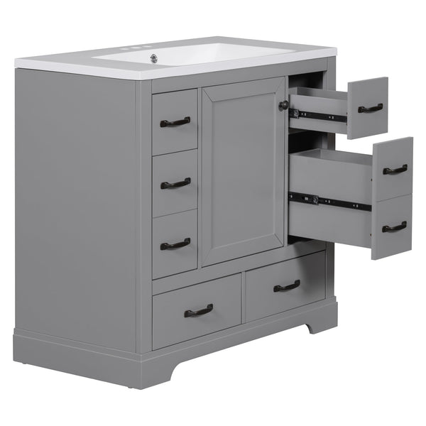 English Elm 36" Modern Bathroom Vanity with Ceramic Sink, Six Drawers, Adjustable Shelf, Solid Wood Build Grey SY999808AAE-6