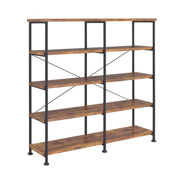 English Elm Antique Industrial Double-Wide Bookcase with Metal Pipe Frame, 4-Tier Rustic Nutmeg Shelves, 44 lb B062P153778