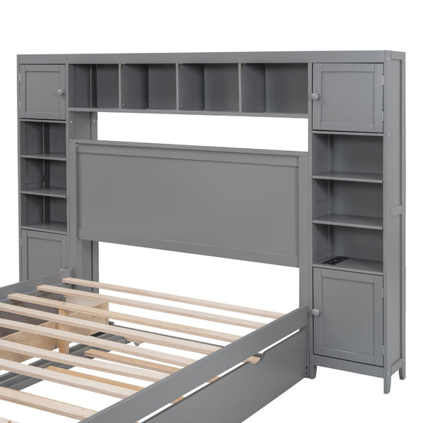 English Elm Full Platform Bed with Storage Headboard Built-in Outlets Shelving and Twin Trundle Gray LP000642AAE