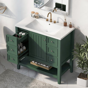 English Elm 36" Bathroom Vanity With Sink Combo, One Cabinet and Three Drawers, Solid Wood and Mdf Board, Green