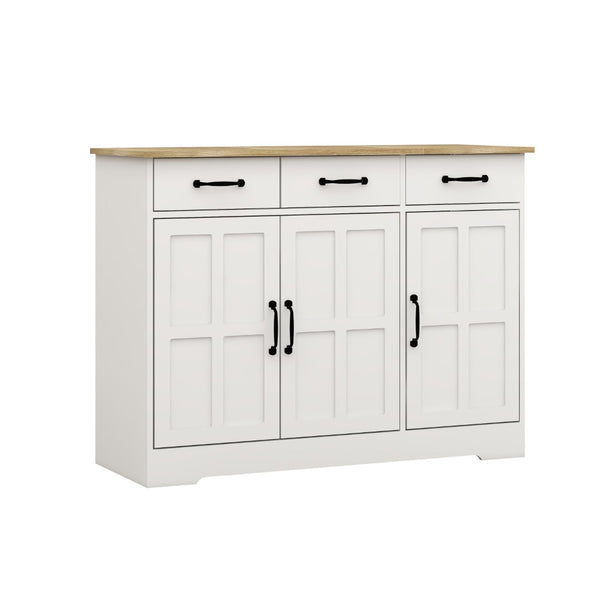 English Elm Farmhouse Buffet Sideboard with 3 Drawers and Doors White Dining Storage Cabinet W282138084