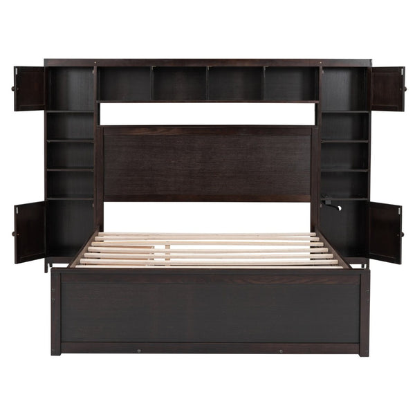 English Elm Queen Platform Bed with Headboard Storage Shelves Built-in Outlets and Trundle Drawer Espresso LP000842AAP