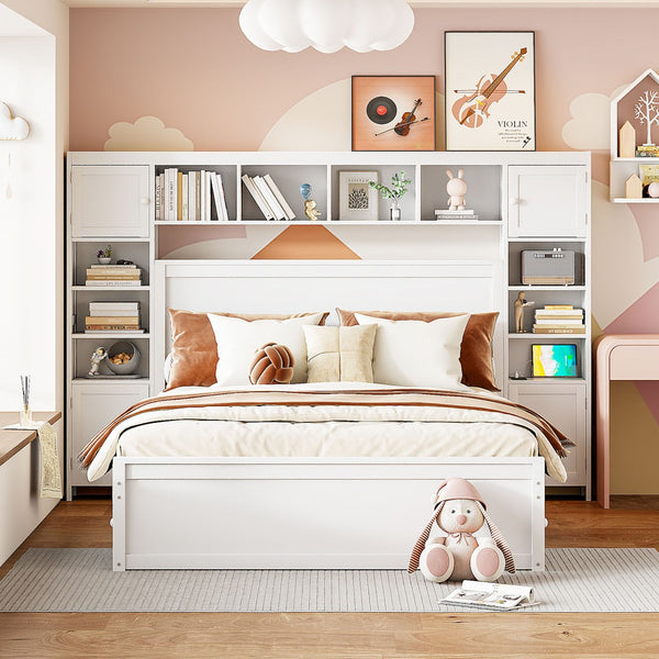 English Elm Queen Storage Bed with Shelving Cabinets Built-in Outlets and Four Under Drawers LP000742AAK
