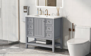 English Elm 36" Stylish Bathroom Vanity With Ceramic Sink, Solid Wood, 1 Cabinet & 3 Drawers, Grey Finish N725P246500E