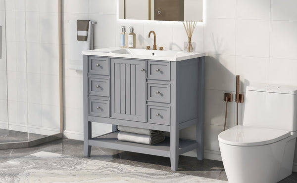 English Elm 36" Stylish Bathroom Vanity With Ceramic Sink, Solid Wood, 1 Cabinet & 3 Drawers, Grey Finish N725P246500E