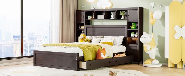 English Elm Queen Storage Bed with Shelving Cabinets Built-in Outlets and Four Under Drawers Espresso LP000742AAP