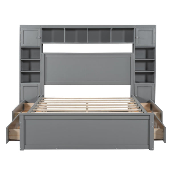 English Elm Queen Storage Bed with Shelving Cabinets Built-in Outlets and Four Under Drawers Gray LP000742AAE