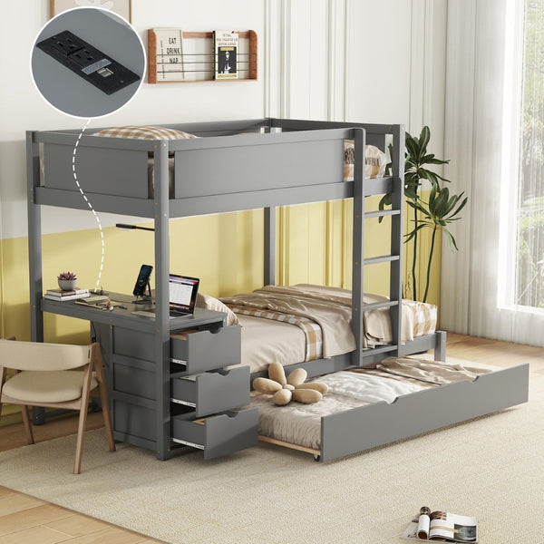 English Elm Twin-over-twin Bunk Bed with Trundle Built-in Desk Storage Drawers and Power Outlets Gray LT000363AAE