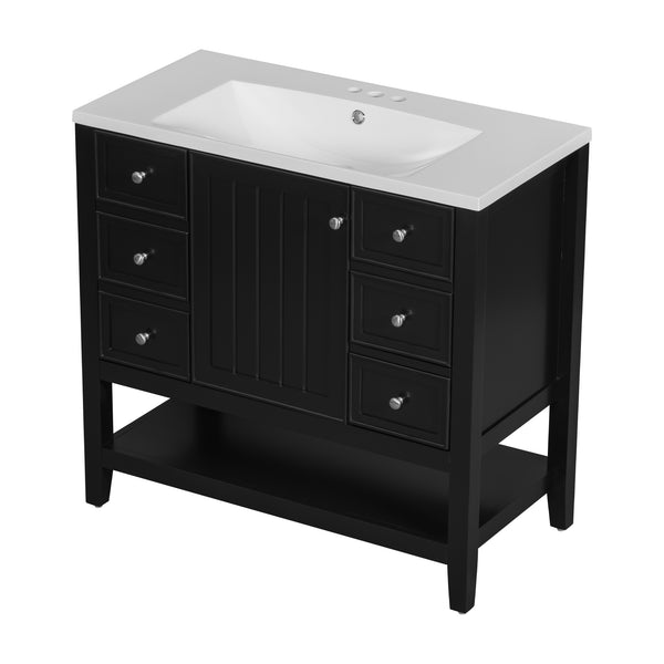 English Elm 36" Bathroom Vanity With Ceramic Sink, Solid Wood Frame, Modern Black Finish & Ample Storage Solutions N725P246500B