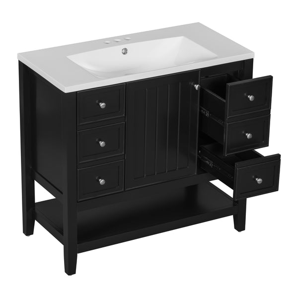 English Elm 36" Modern Black Bathroom Vanity w/ Ceramic Sink, Solid Wood & MDF, 3 Drawers + Cabinet, 36" SY999505AAB-6