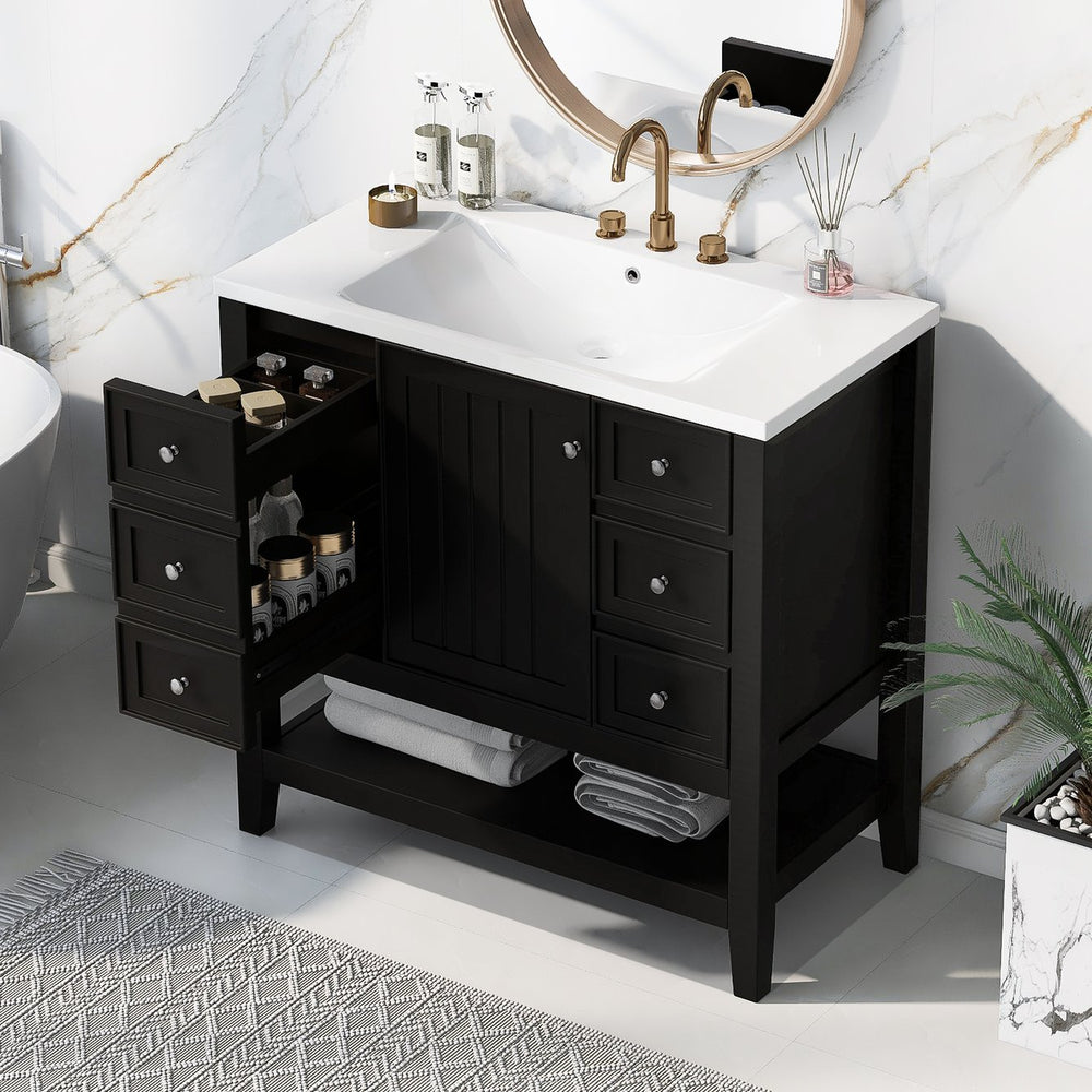 English Elm 36" Bathroom Vanity With Ceramic Sink, Solid Wood Frame, Modern Black Finish & Ample Storage Solutions N725P246500B