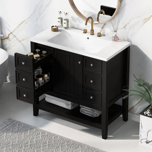 English Elm 36" Bathroom Vanity With Ceramic Sink, Solid Wood Frame, Modern Black Finish & Ample Storage Solutions N725P246500B