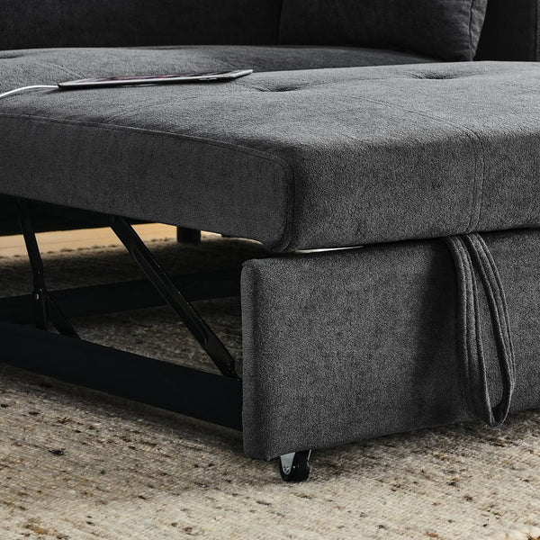 English Elm 54" Multifunctional Pull-Out Sleeper Sofa Bed with Recliner, Storage, Side Pockets, USB Outlet, Lumbar Pillow Grey W1853S00001