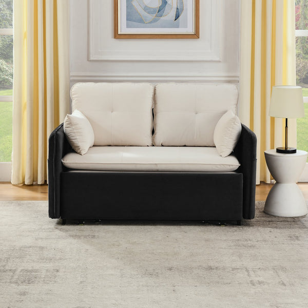 English Elm 53" Modern Convertible Velvet Sofa Bed with USB Port, Removable Arms, Trundle Pull-Out & 2 Pillows Beige+Grey W1853P144297