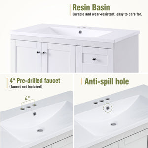 English Elm 36 Inch Shaker Style Free-Standing Bathroom Vanity Cabinet with Resin Sink, Soft-Close Storage Elegance White SV000021AAK