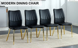 English Elm Four Black Dining Chairs. A Medieval Modern Chair Made Of Pu Material With Soft Cushions, Equipped With Golden Metal Legs. Suitable For Restaurants and Living Rooms