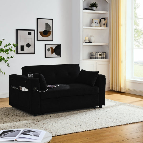 English Elm 54" Multifunctional Pull-Out Sleeper Sofa Bed with Recliner, Storage, Side Pockets, USB Outlet, Lumbar Pillow Black W1853S00002