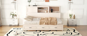 English Elm Full Size Gray Wood Daybed with Storage Drawers Shelf Usb Charging Upholstered Back LP002025AAK-1