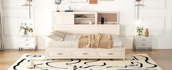 English Elm Full Size Gray Wood Daybed with Storage Drawers Shelf Usb Charging Upholstered Back LP002025AAK-1