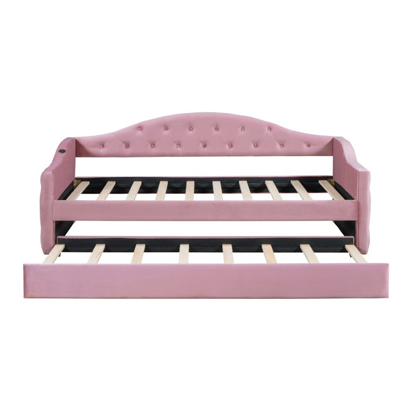 English Elm Twin Velvet Tufted Daybed with Pull Out Trundle and Built in Usb Charging Ports N733S422848H