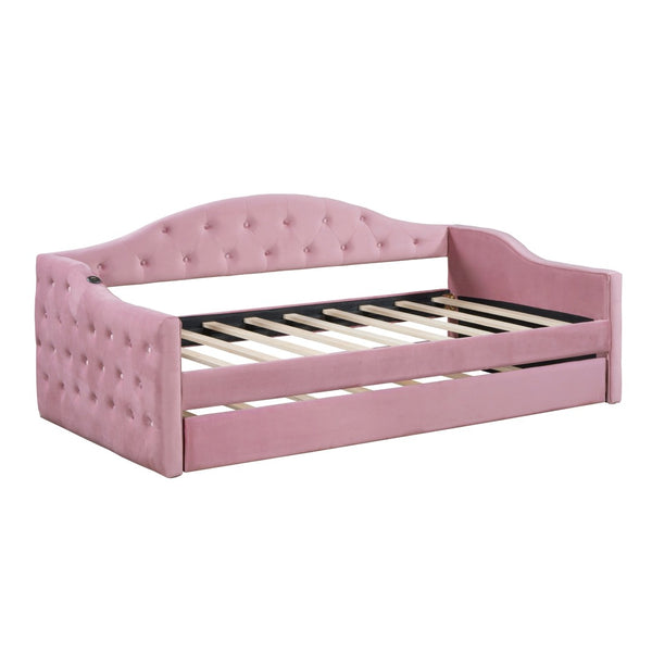 English Elm Twin Velvet Tufted Daybed with Pull Out Trundle and Built in Usb Charging Ports N733S422848H