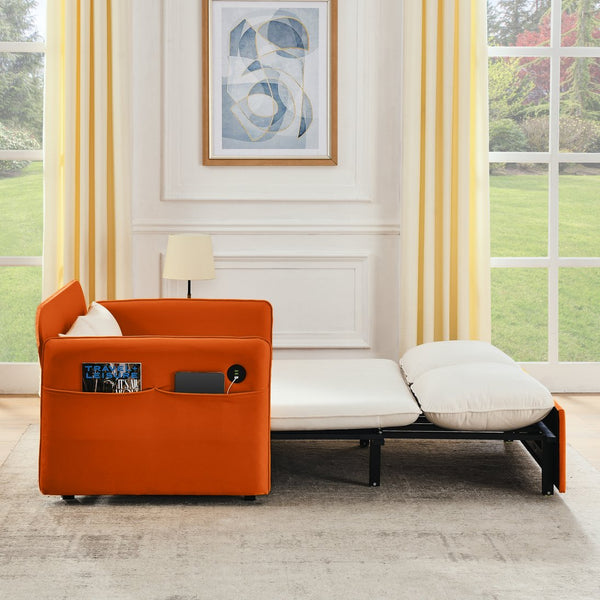 English Elm 53" Modern Convertible Velvet Sofa Bed with USB Port, Removable Arms, Trundle Pull-Out & 2 Pillows Beige W1853P144292