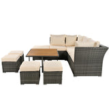 English Elm Patio Furniture Set, 10 Piece Outdoor Conversation Set, Coffeetable With Ottomans, Solid Wood Coffee Table