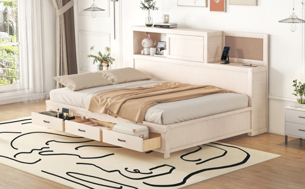 English Elm Full Size Gray Wood Daybed with Storage Drawers Shelf Usb Charging Upholstered Back LP002025AAK-1