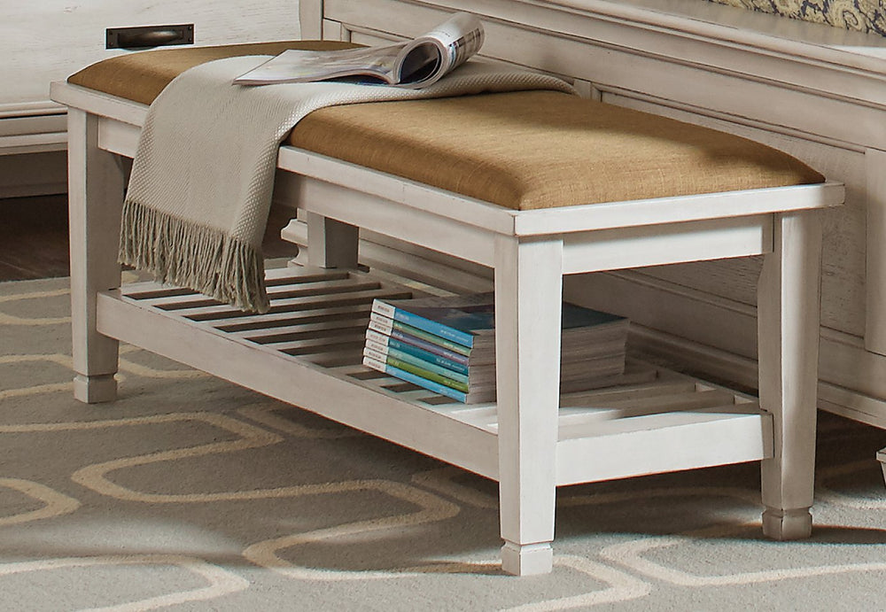 English Elm Antique White Upholstered Bench with Slatted Shelf, Farmhouse Coastal Charm, 50.5" Wide Storage Seat B062P153591