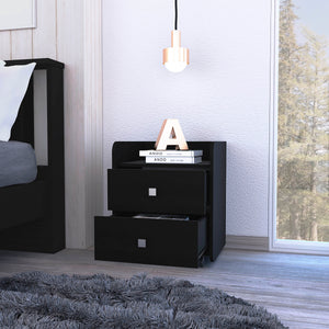 English Elm Nightstand with Two Drawers & Open Shelf, 22"H Black Engineered Wood, Metal Handles, Modern Durable Design B097133085