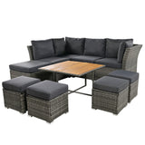 English Elm Patio Furniture Set, 10 Piece Outdoor Conversation Set, Coffeetable With Ottomans, Solid Wood Coffee Table