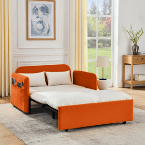 English Elm 53" Modern Convertible Velvet Sofa Bed with USB Port, Removable Arms, Trundle Pull-Out & 2 Pillows Beige W1853P144292