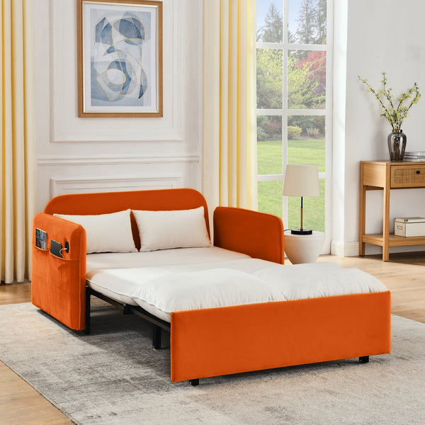 English Elm 53" Modern Convertible Velvet Sofa Bed with USB Port, Removable Arms, Trundle Pull-Out & 2 Pillows Beige W1853P144292