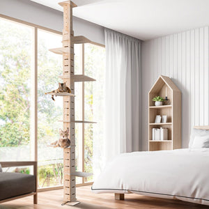 English Elm 9' Floor to Ceiling Pine Cat Tree Multi Level Climbing Tower with Flannel Perch Shelves W2181P156876