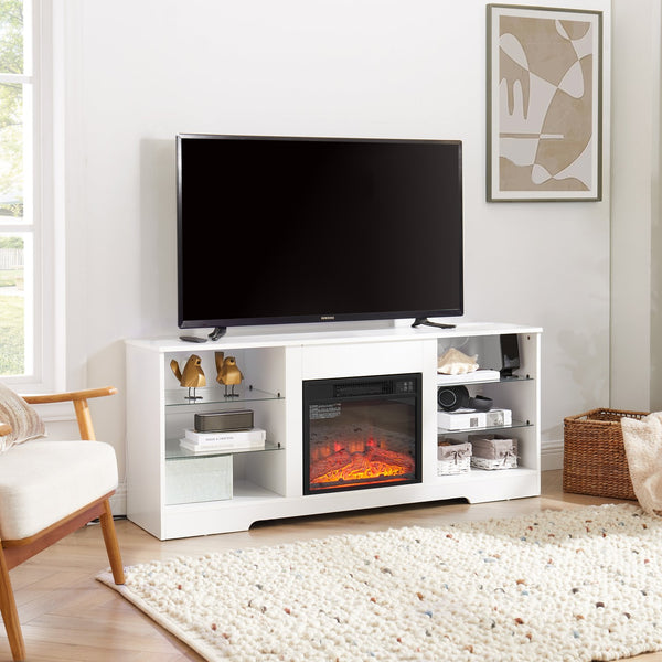 English Elm TV 58" Electric Fireplace TV Stand with 3D Realistic Flame, LED Lights, USB & AC Power Strip, Modern Media Console White W2275P149866