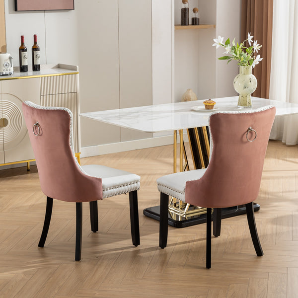 English Elm A&A Modern Nikki Tufted Dining Chair Set of 2 — White PU & Pink Velvet, Solid Wood Legs, Nailhead Trim, Chic W1143P357046