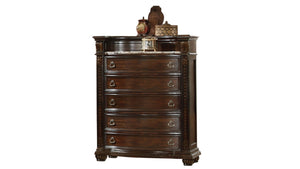 English Elm Traditional 5-Drawer Chest in Rich Beige Finish with Carved Detail, Spacious Storage & Display Surface 808857853837