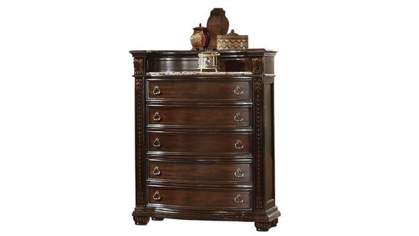 English Elm Traditional 5-Drawer Chest in Rich Beige Finish with Carved Detail, Spacious Storage & Display Surface 808857853837