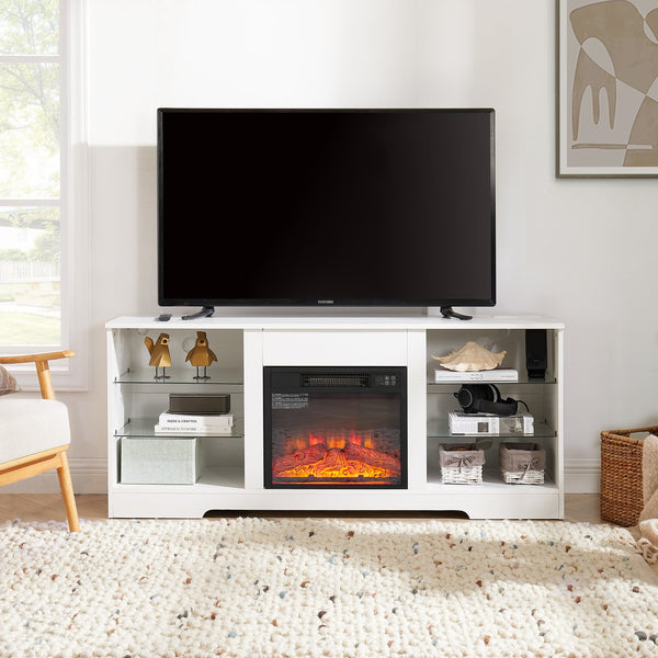 English Elm TV 58" Electric Fireplace TV Stand with 3D Realistic Flame, LED Lights, USB & AC Power Strip, Modern Media Console White W2275P149866
