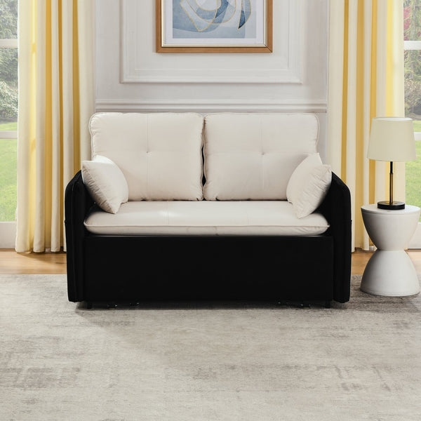 English Elm 53" Modern Convertible Velvet Sofa Bed with USB Port, Removable Arms, Trundle Pull-Out & 2 Pillows Beige+Black W1853P144294