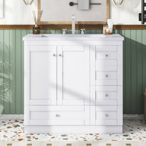 English Elm 36 Inch Shaker Style Free-Standing Bathroom Vanity Cabinet with Resin Sink, Soft-Close Storage Elegance White SV000021AAK