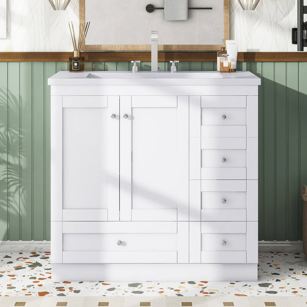 English Elm 36 Inch Shaker Style Free-Standing Bathroom Vanity Cabinet with Resin Sink, Soft-Close Storage Elegance White SV000021AAK