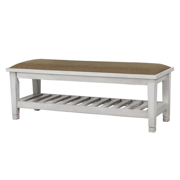 English Elm Antique White Upholstered Bench with Slatted Shelf, Farmhouse Coastal Charm, 50.5" Wide Storage Seat B062P153591